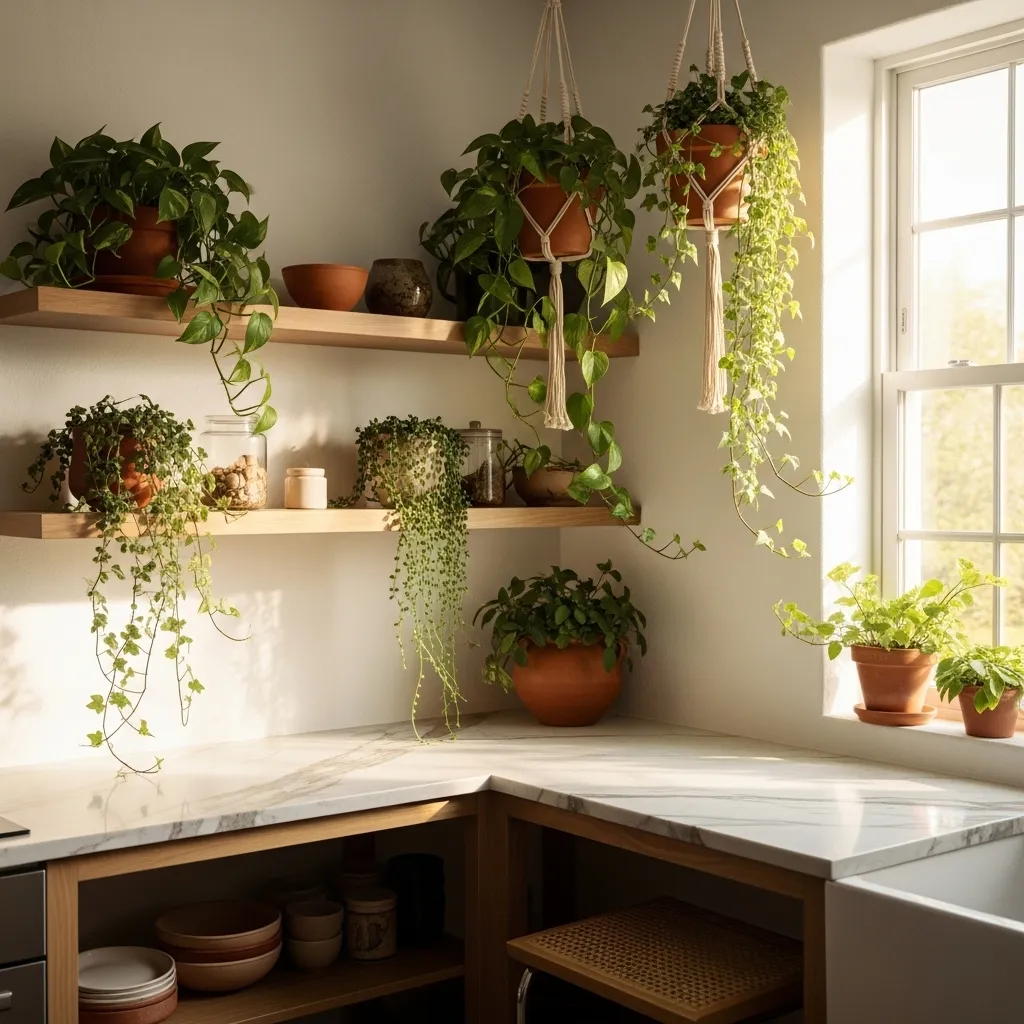 hanging plant corner boho kitchen decor idea 2026