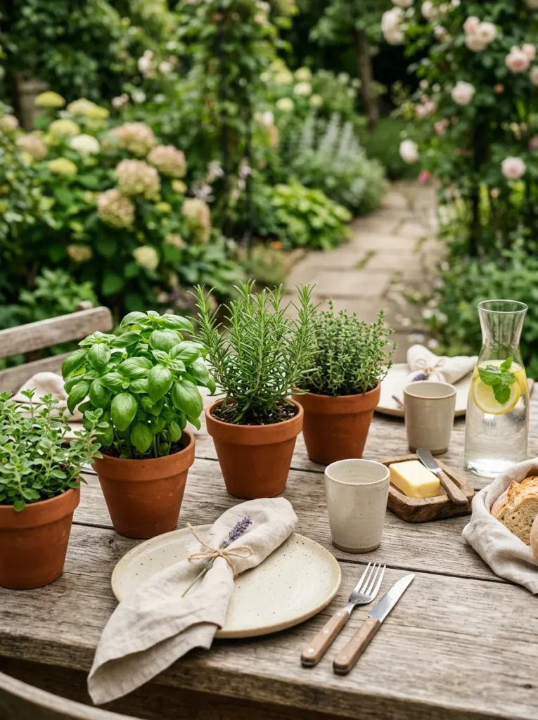 Outdoor dining table decorated with fresh herb plants adding a natural touch to entertaining