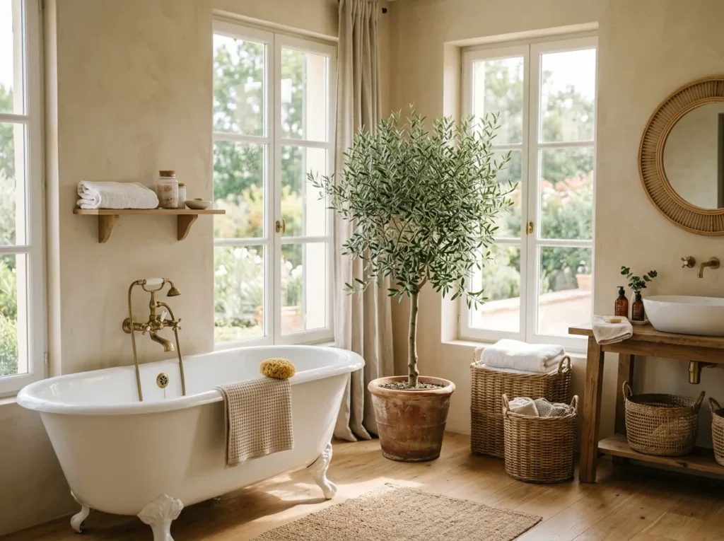 indoor olive tree bath tub decor idea natural bathroom
