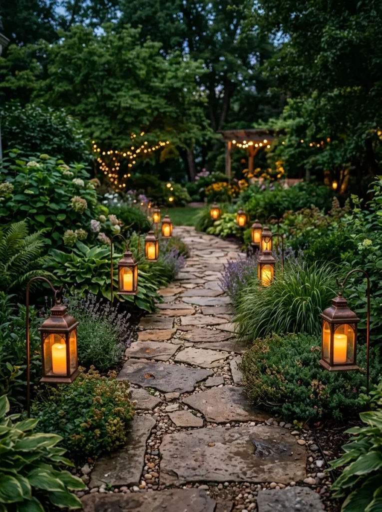 Garden pathway lined with lantern lighting creating a warm and inviting outdoor atmosphere