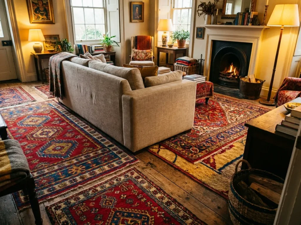 Layered colorful rugs in a vibrant and cozy living room interior design