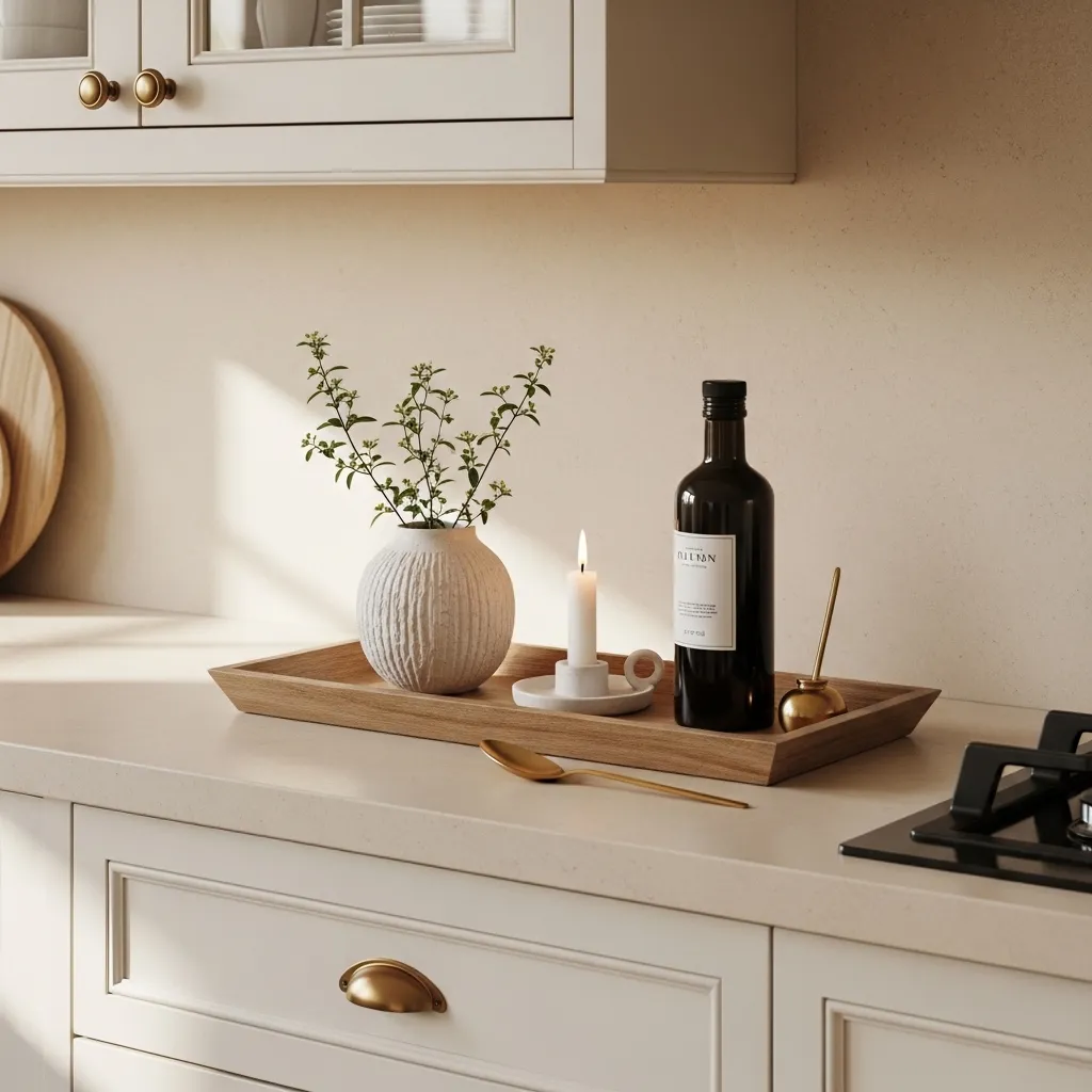 layered decor trays warm white kitchen idea 2026