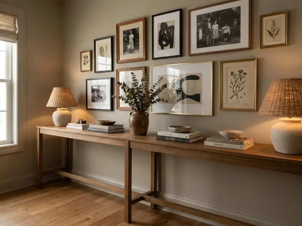layered gallery wall small console table idea modern