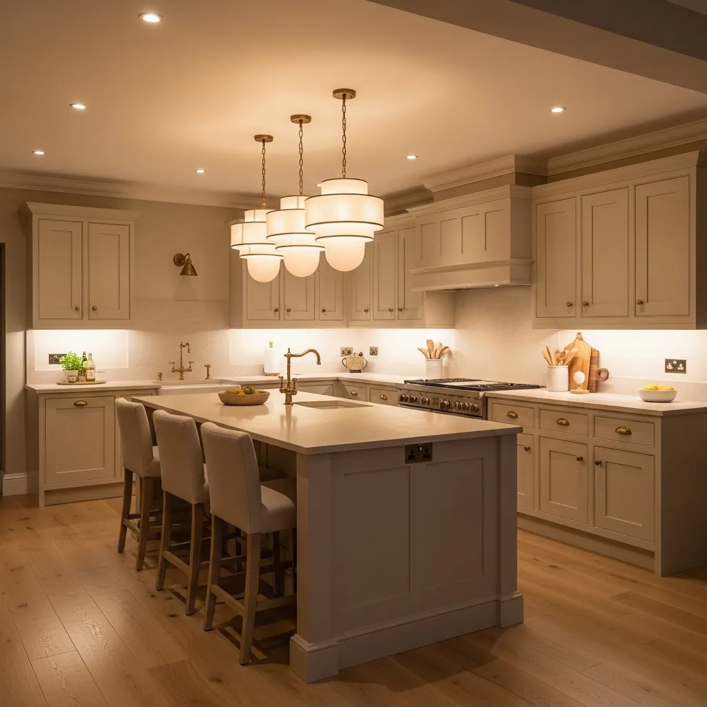 layered pendant lighting warm white kitchen idea 2026