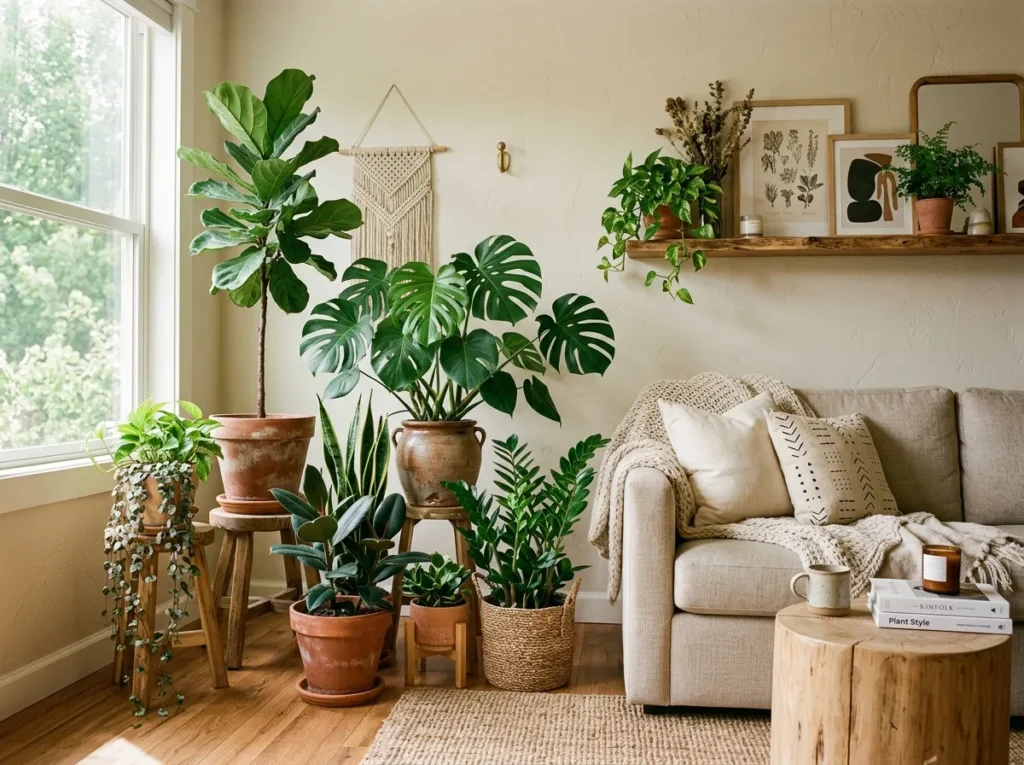 layered plant grouping living room plants decor idea modern