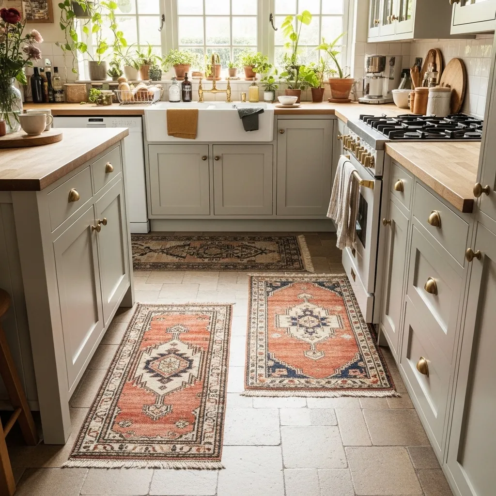 layered vintage rugs boho kitchen decor idea modern
