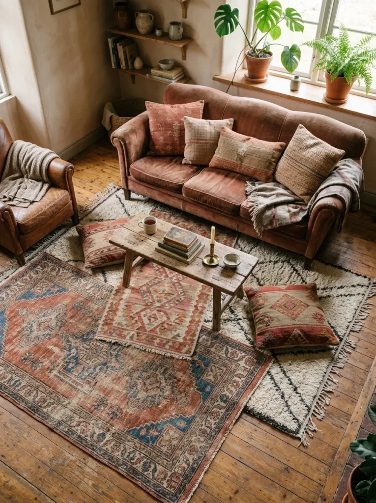 layered vintage rugs vintage home style idea 2026