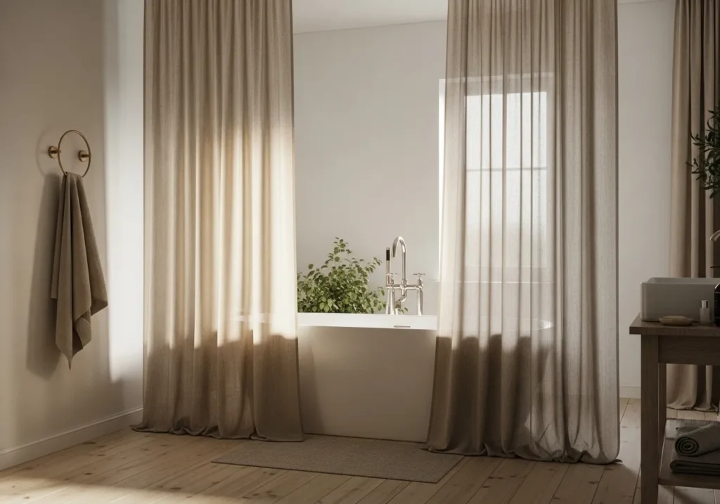 linen curtain panels bath tub decor idea cozy bathroom