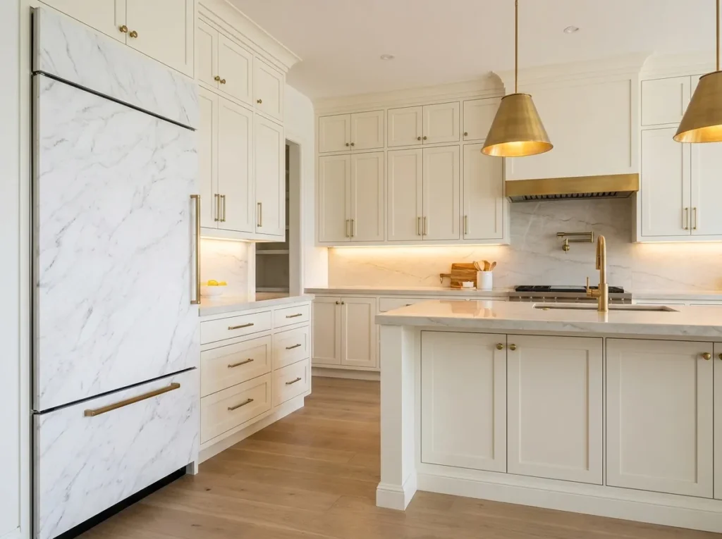 marble luxe finish fridge wallpaper idea luxury kitchen