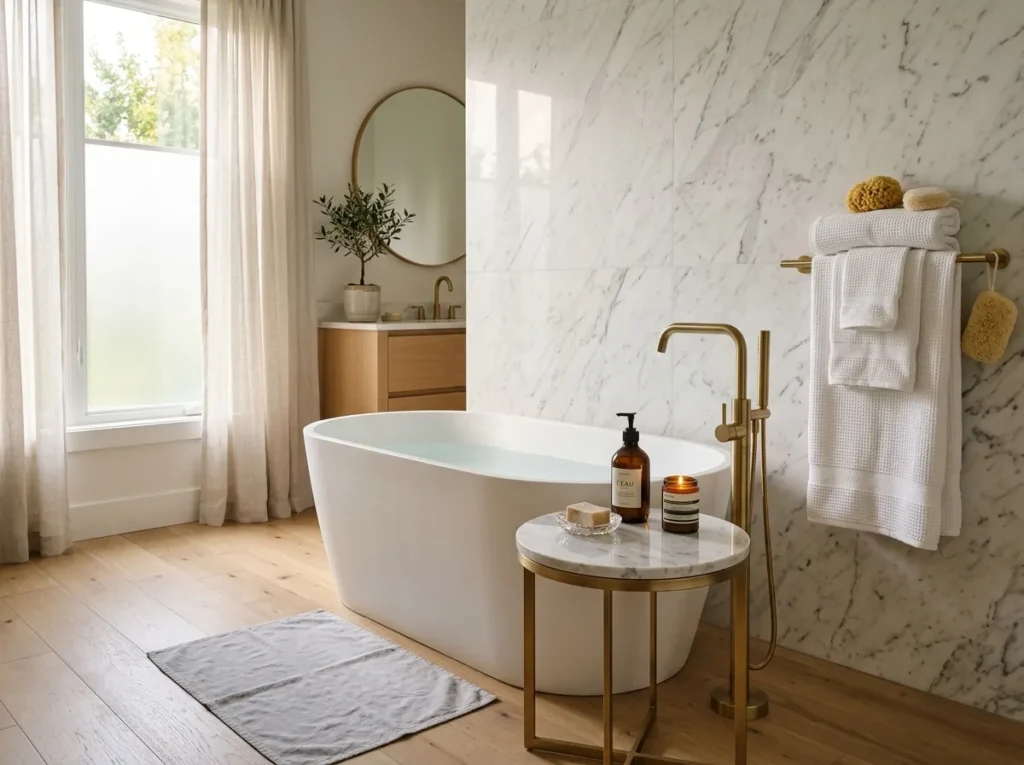 marble side table bath tub decor idea luxury bathroom