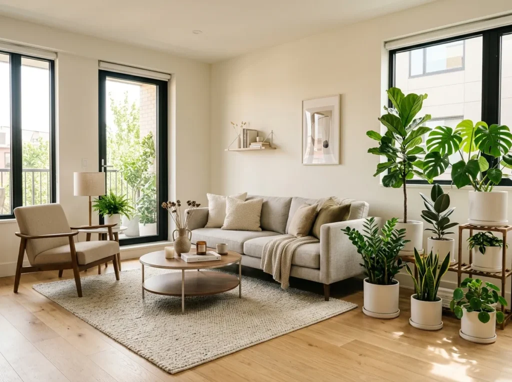 matching ceramic pots living room plants decor idea 2026