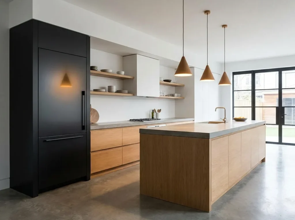 matte black panel fridge wallpaper idea modern kitchen