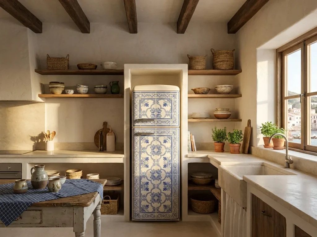 mediterranean tile print fridge wallpaper idea 2026
