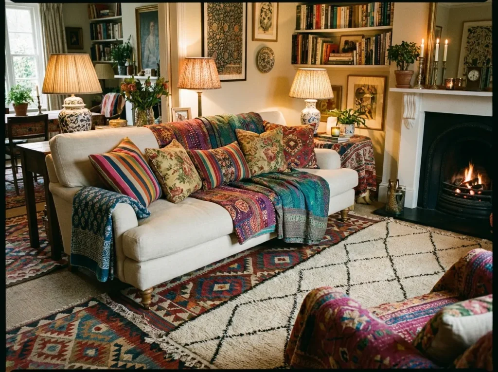 Mixed pattern textiles and colorful fabrics layered beautifully in a living room