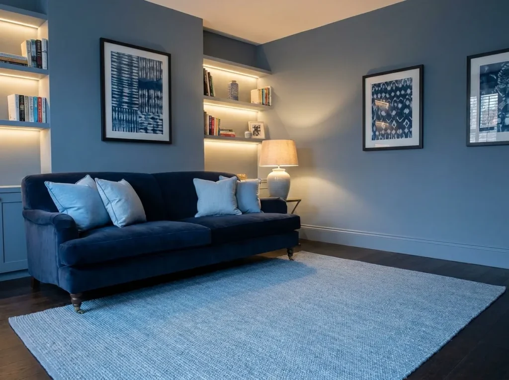 Monochrome color layered living room with tonal shades creating depth and richness