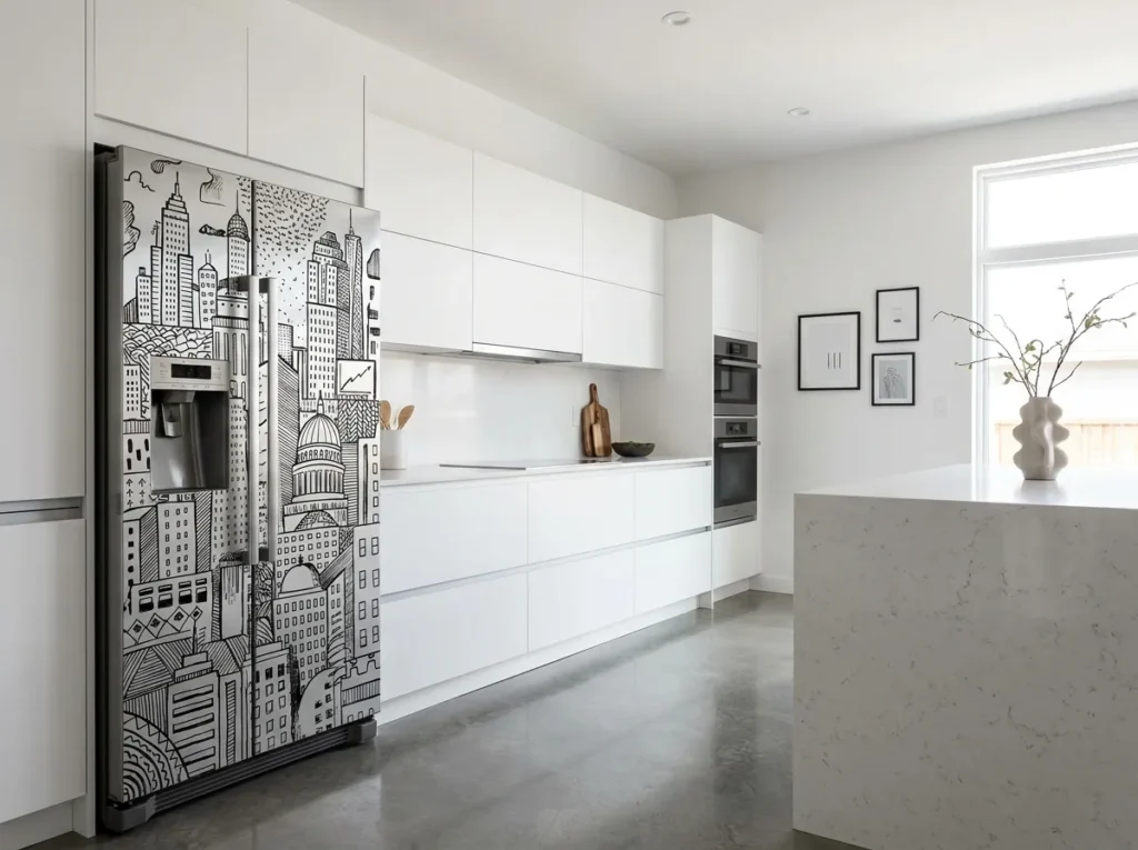 monochrome sketch art fridge wallpaper idea modern kitchen