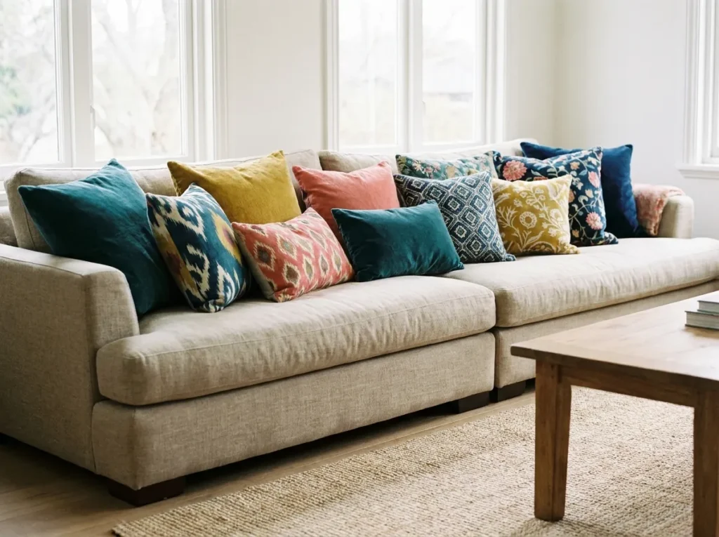 Multicolor cushion mix on a neutral sofa for a bright living room look