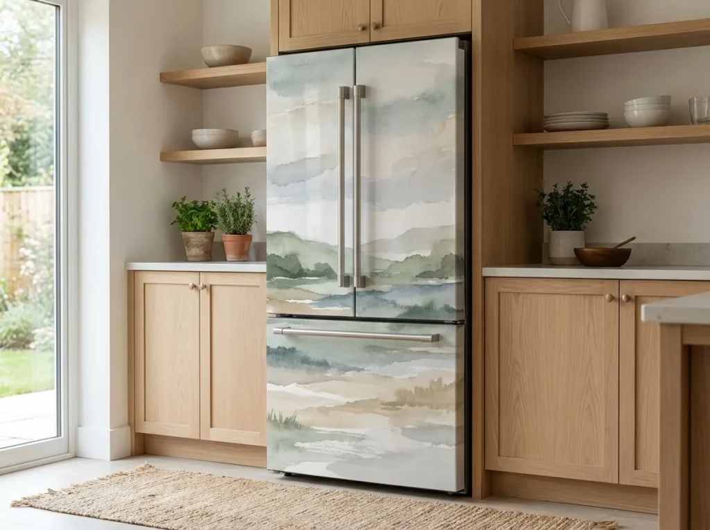 muted watercolor landscape fridge wallpaper idea 2026