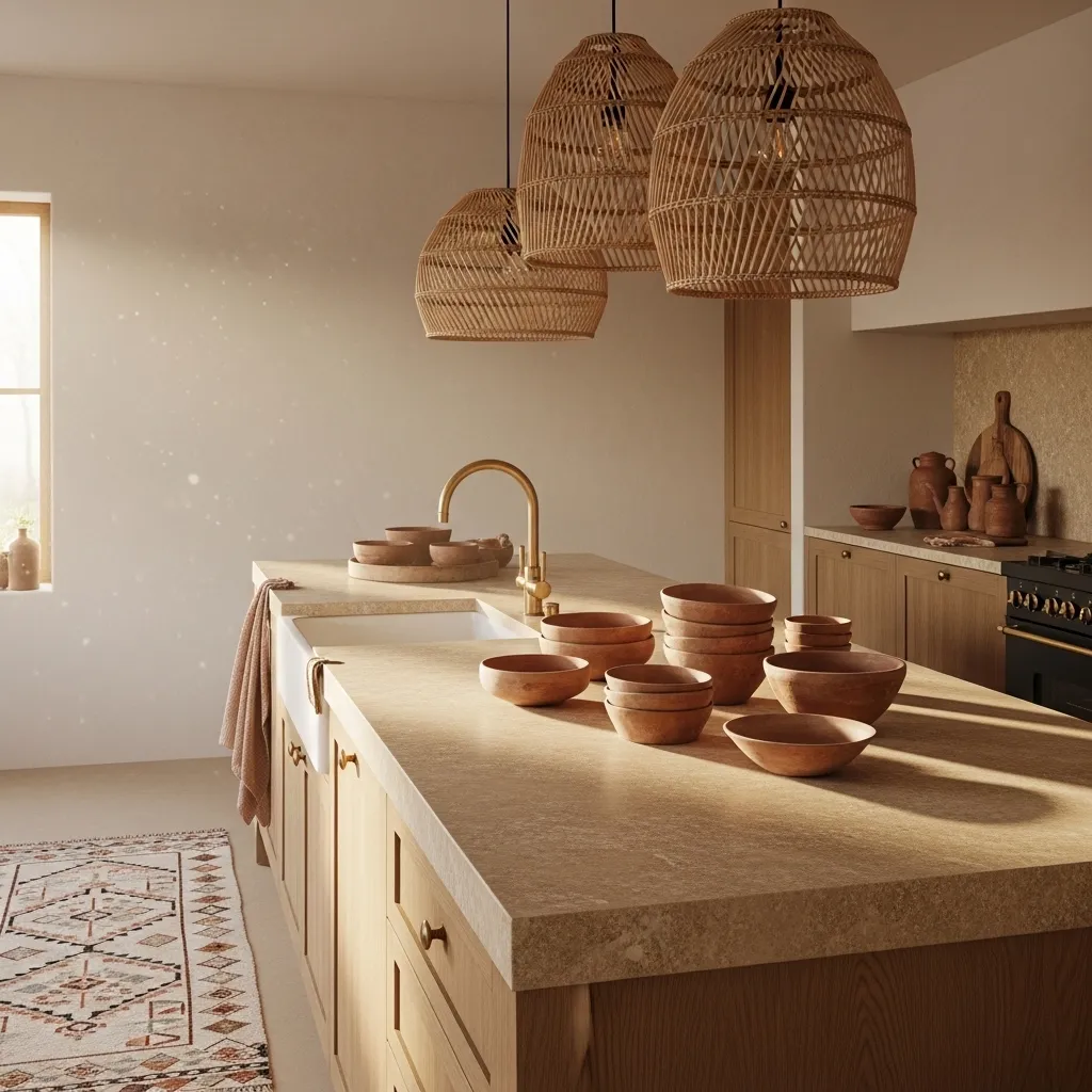 natural stone counter boho kitchen decor idea 2026