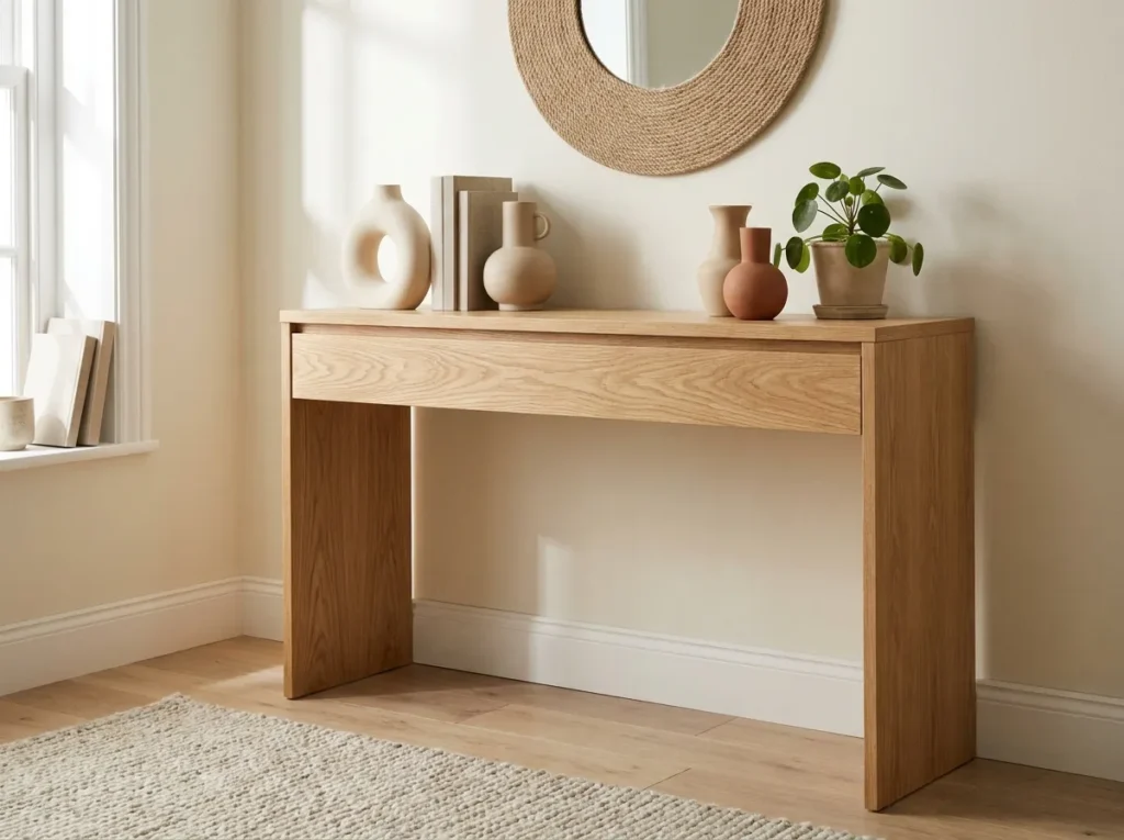 natural wood finish small console table idea 2026