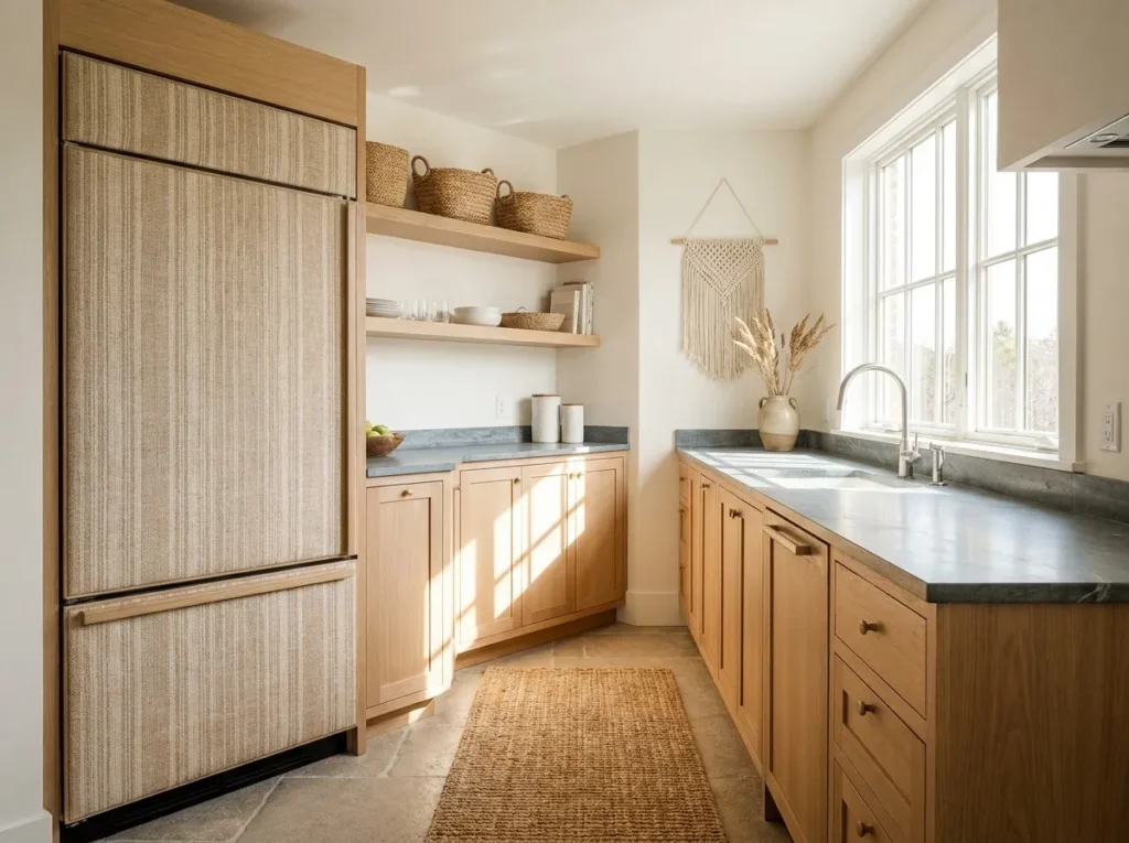 neutral linen texture fridge wallpaper idea modern kitchen