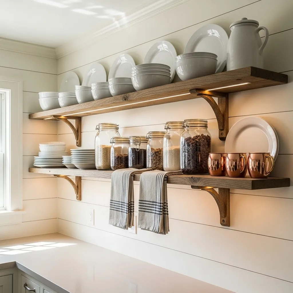 open plate shelves old farmhouse kitchen idea rustic