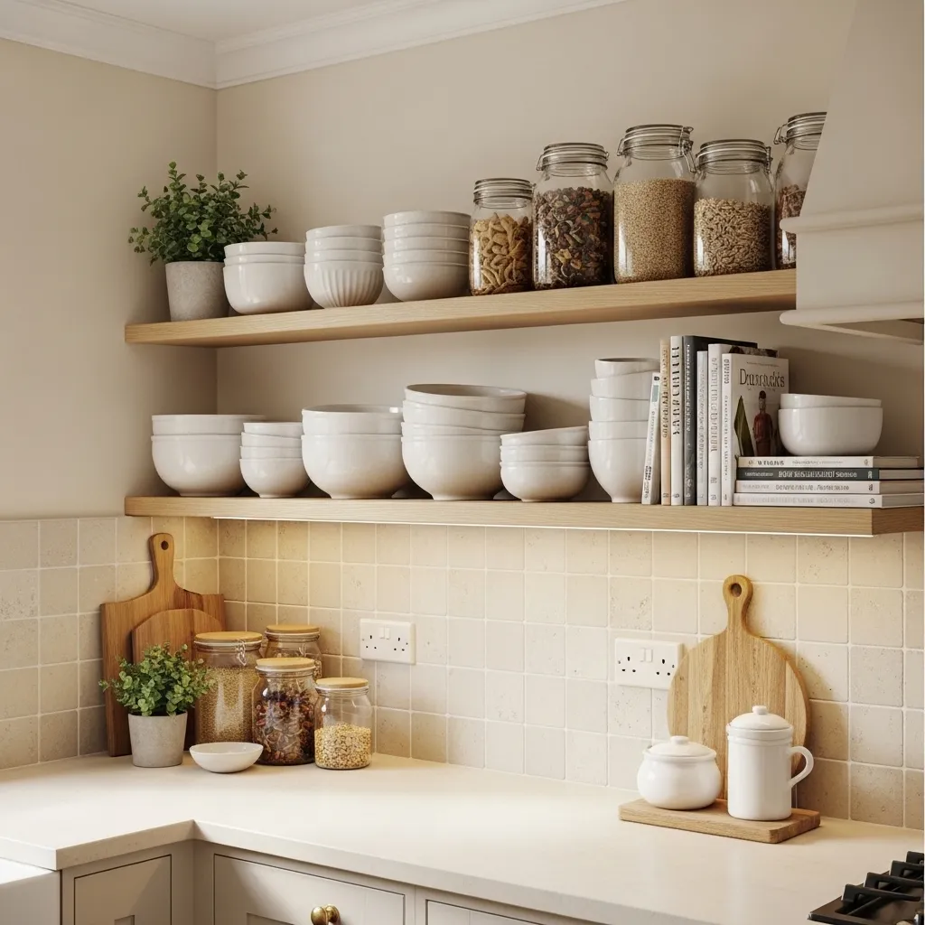 open shelf styling warm white kitchen idea bright