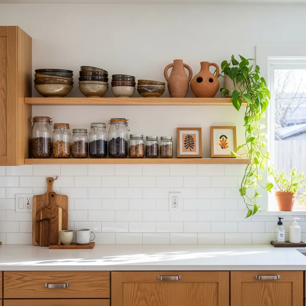 open wood shelves boho kitchen decor idea rustic