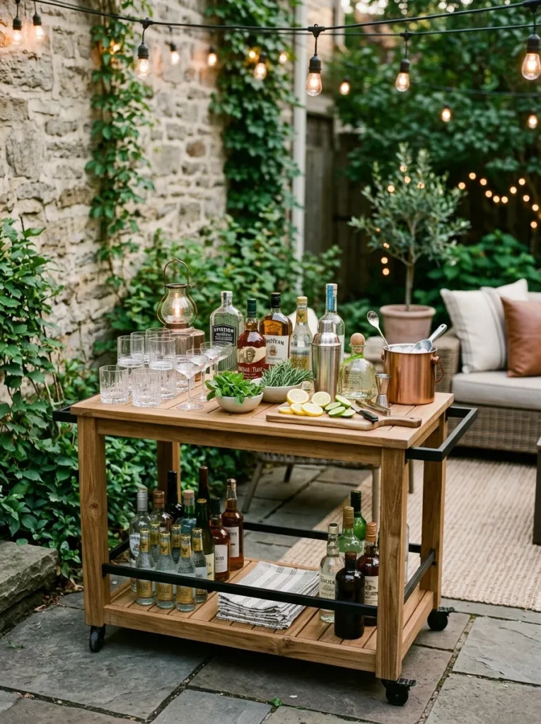 Stylish outdoor bar station setup with drinks and glassware for backyard entertaining