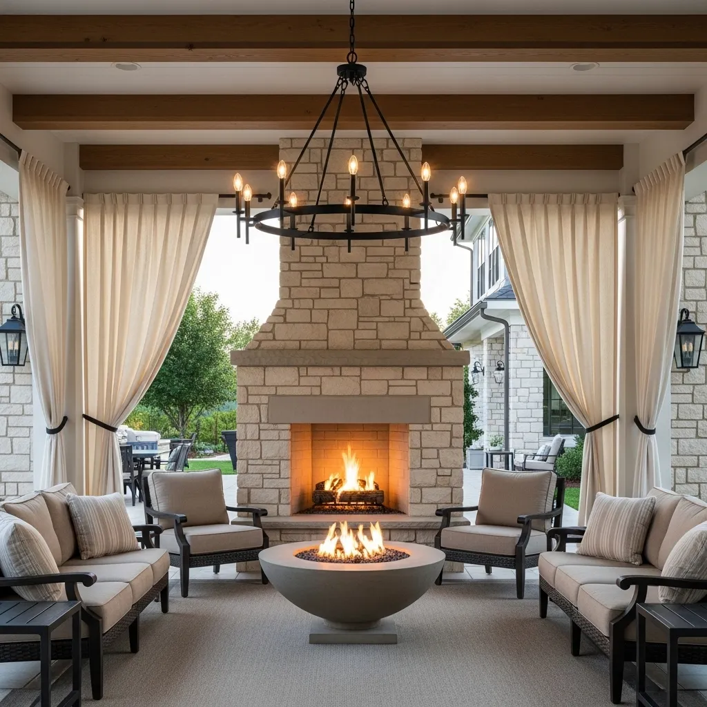 outdoor chandelier fire pit lighting idea cozy nights