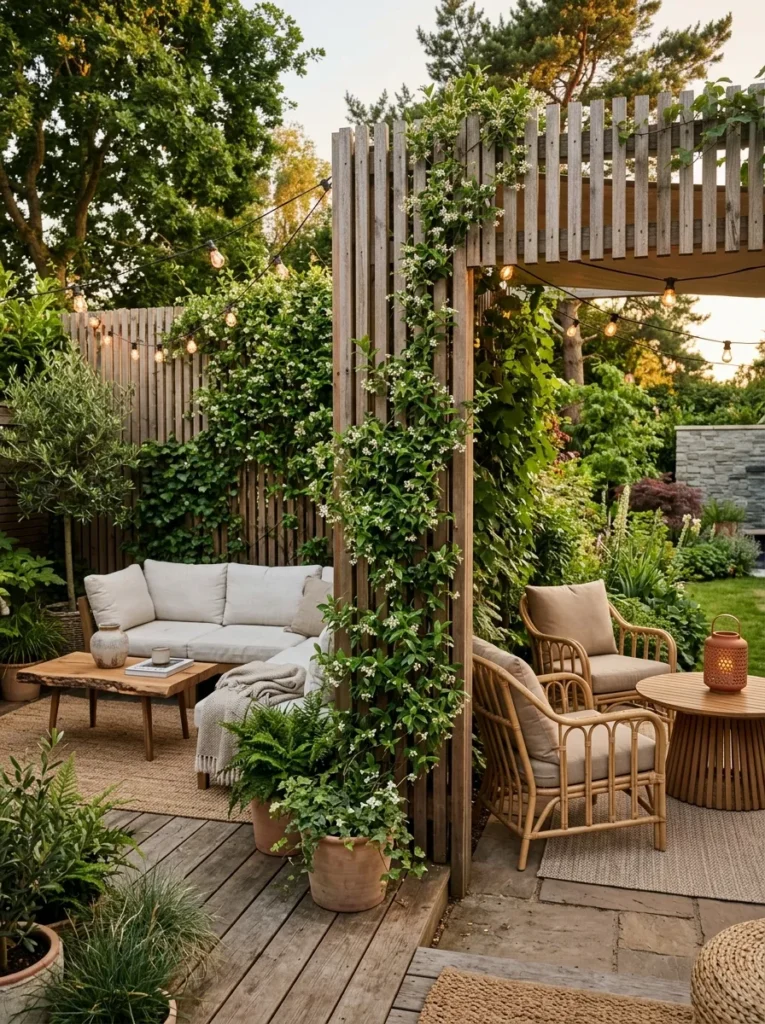 Decorative outdoor divider with wooden screen separating and styling backyard spaces