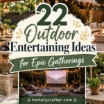 Outdoor entertaining ideas collage with cozy patio lighting, dining setup, fire pit, and lounge seating for epic backyard gatherings