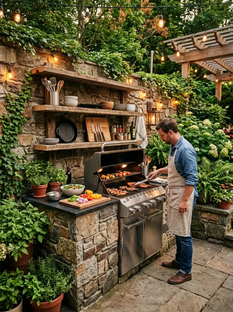 Outdoor kitchen corner with grill and prep space designed for easy backyard entertainingOutdoor kitchen corner with grill and prep space designed for easy backyard entertaining