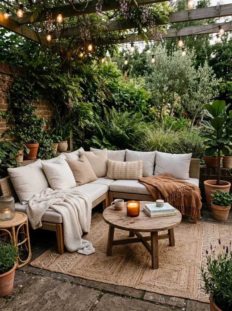 Cozy outdoor lounge corner with cushions and soft seating perfect for relaxing backyard gatherings