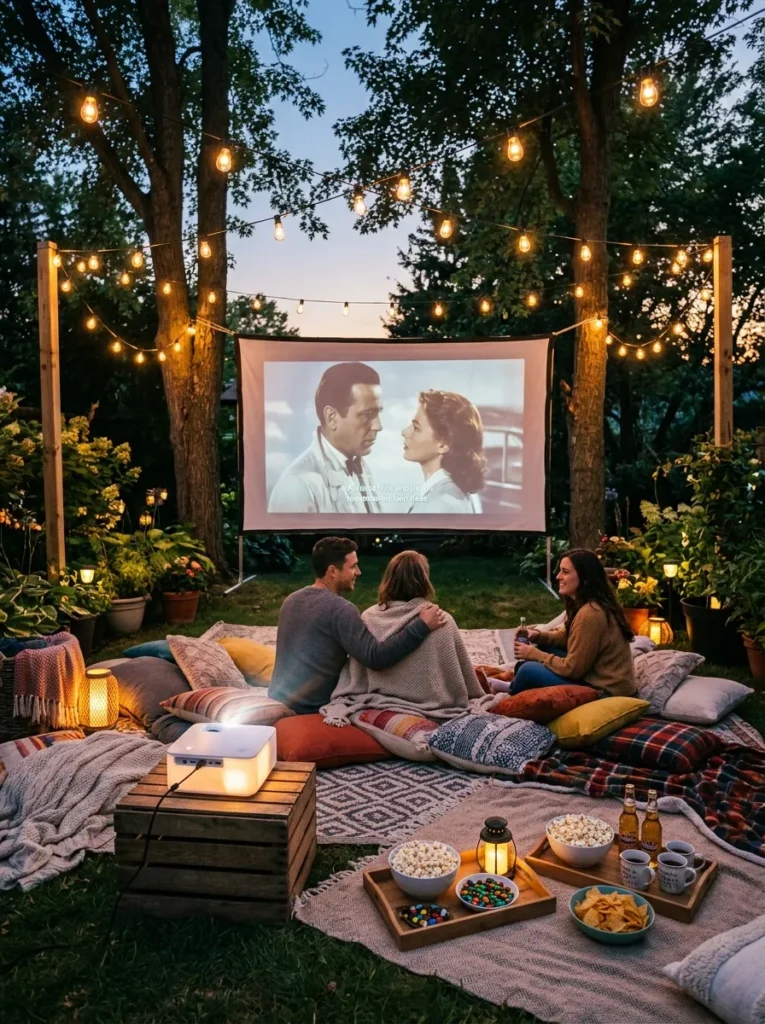 Backyard outdoor movie night setup with projector screen and cozy seating arrangement