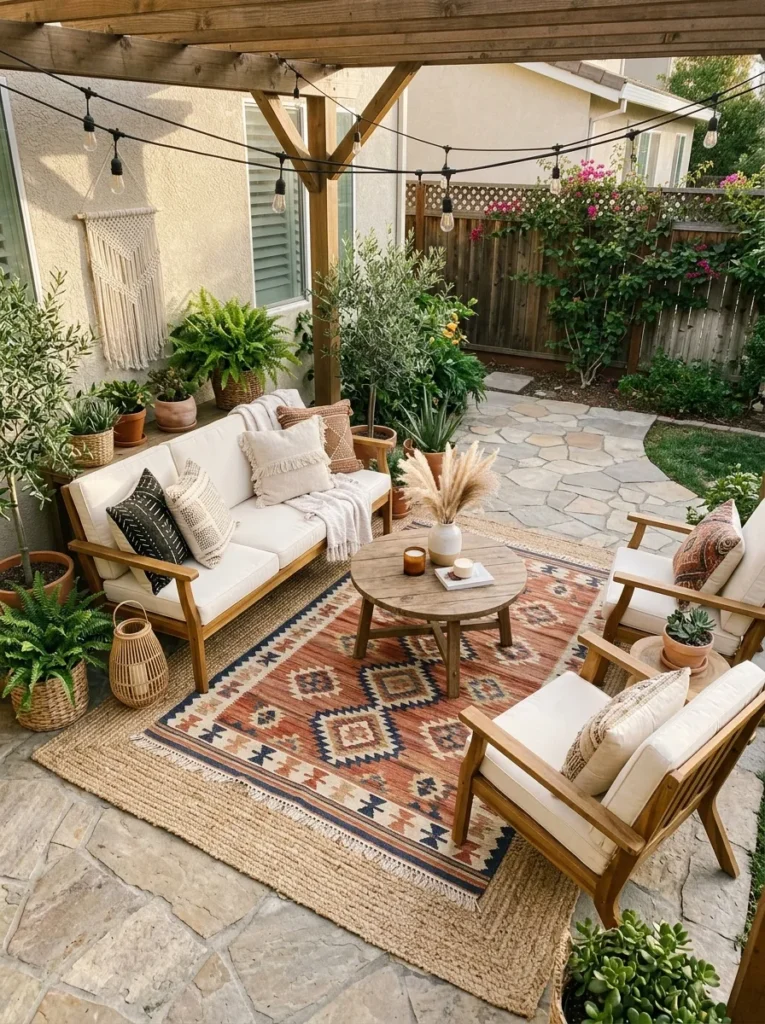 Layered outdoor rugs on patio adding texture and defining seating areas for entertaining