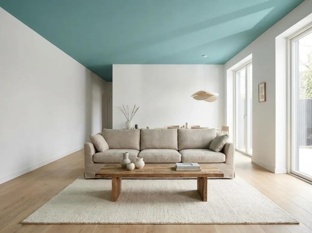 Colorful painted ceiling accent in a bold and creative living room design