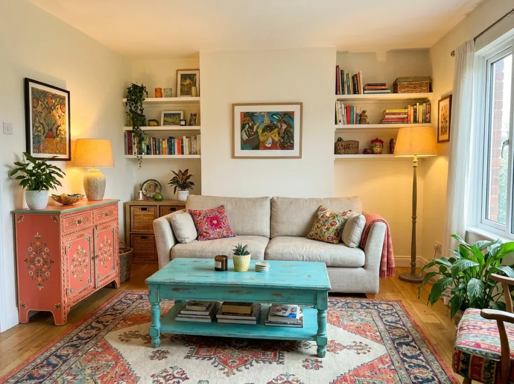 Painted colorful furniture pieces adding personality and charm to a living room