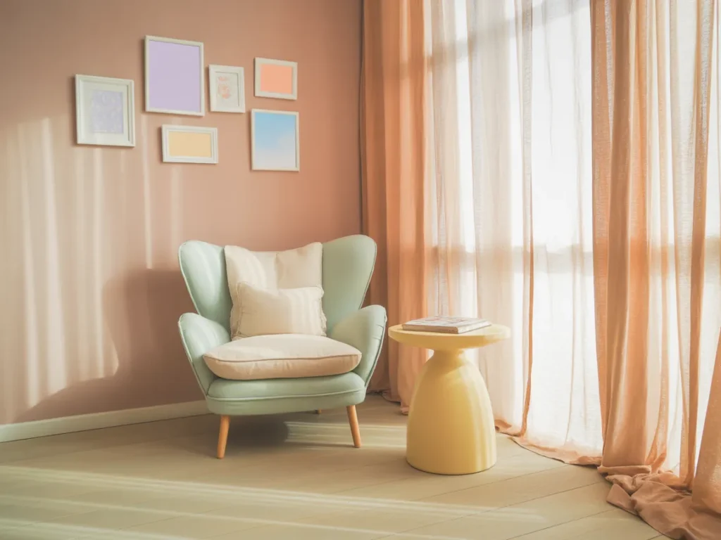 Pastel pop living room corner with soft pink lavender and mint color accents