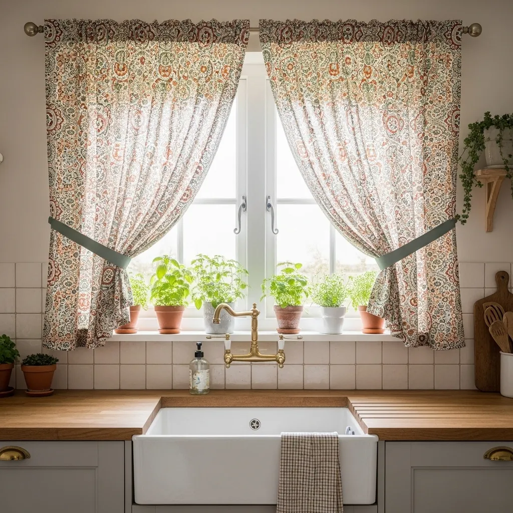 patterned cafe curtains boho kitchen decor idea 2026