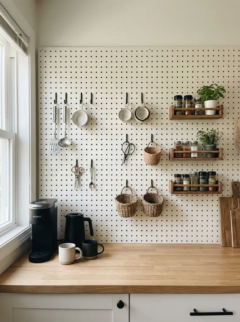 pegboard wall kitchen storage idea organized 2026