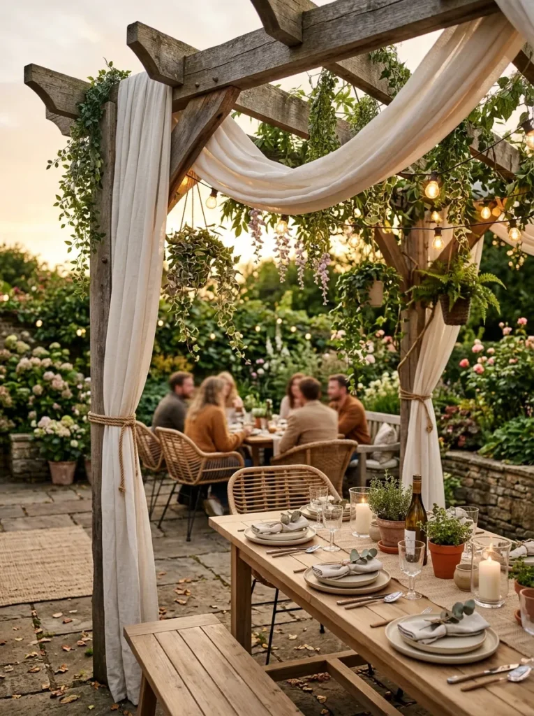 Outdoor pergola dining area with table and lighting creating a defined entertaining space