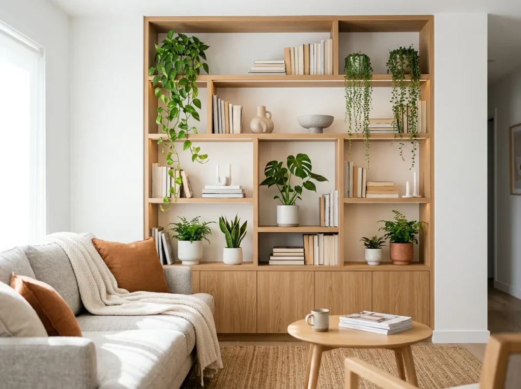 plant filled bookshelf living room plants decor idea modern
