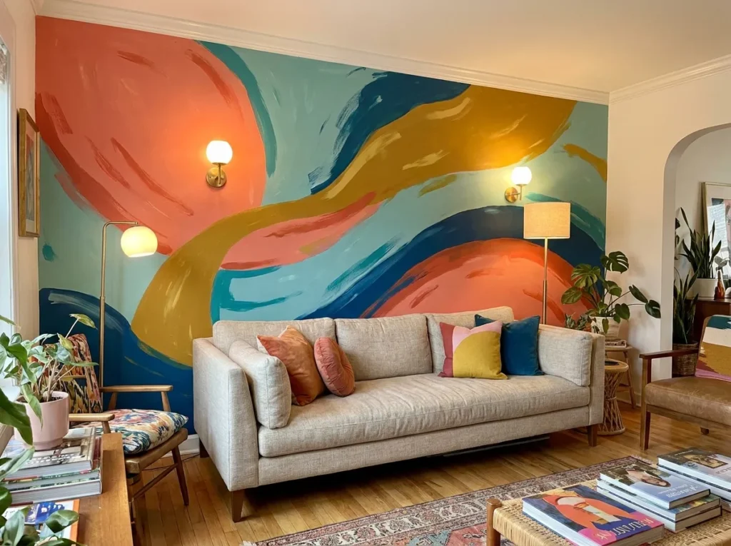 Playful colorful wall mural transforming a living room into a vibrant creative space