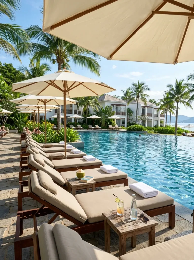 Poolside lounge seating area with chairs and cushions creating a relaxing outdoor gathering space