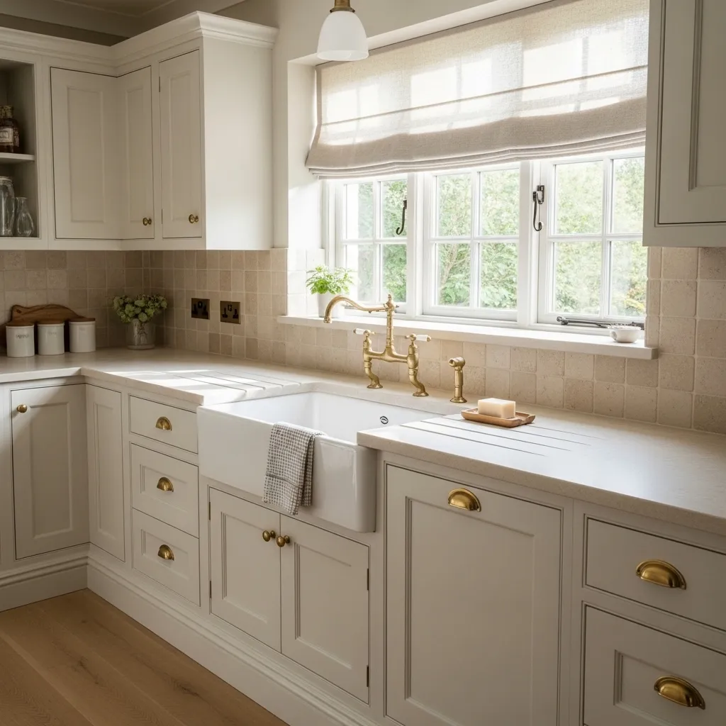 porcelain apron sink warm white kitchen idea 2026