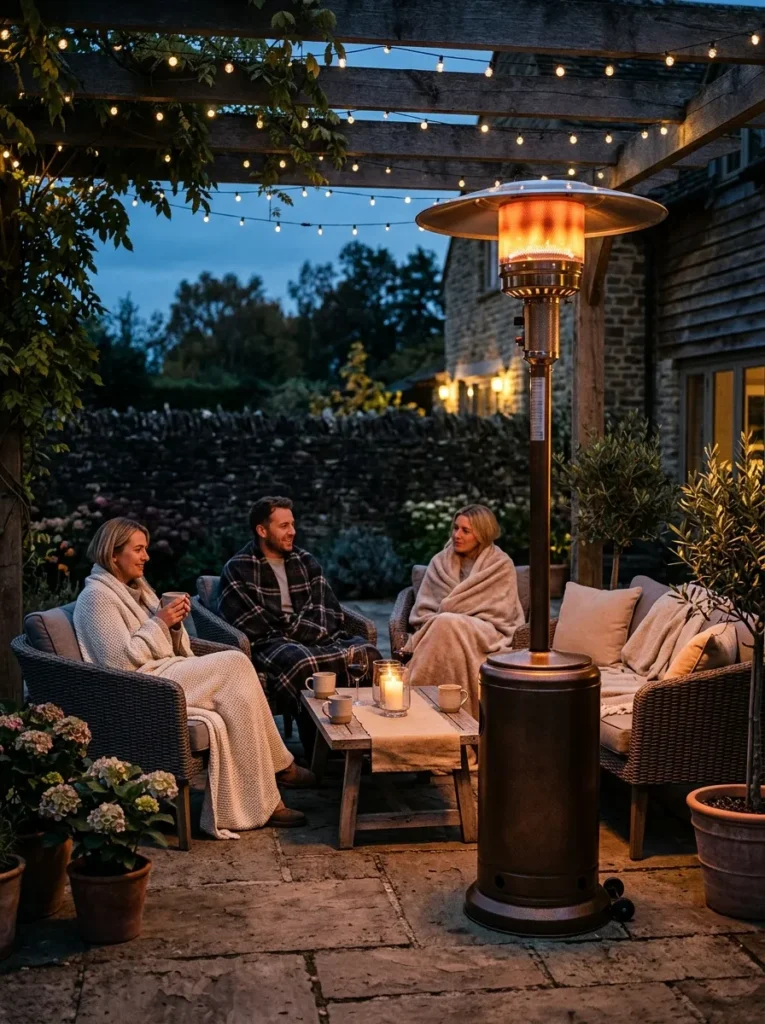 Outdoor patio with portable heater keeping seating area warm and comfortable for gatherings