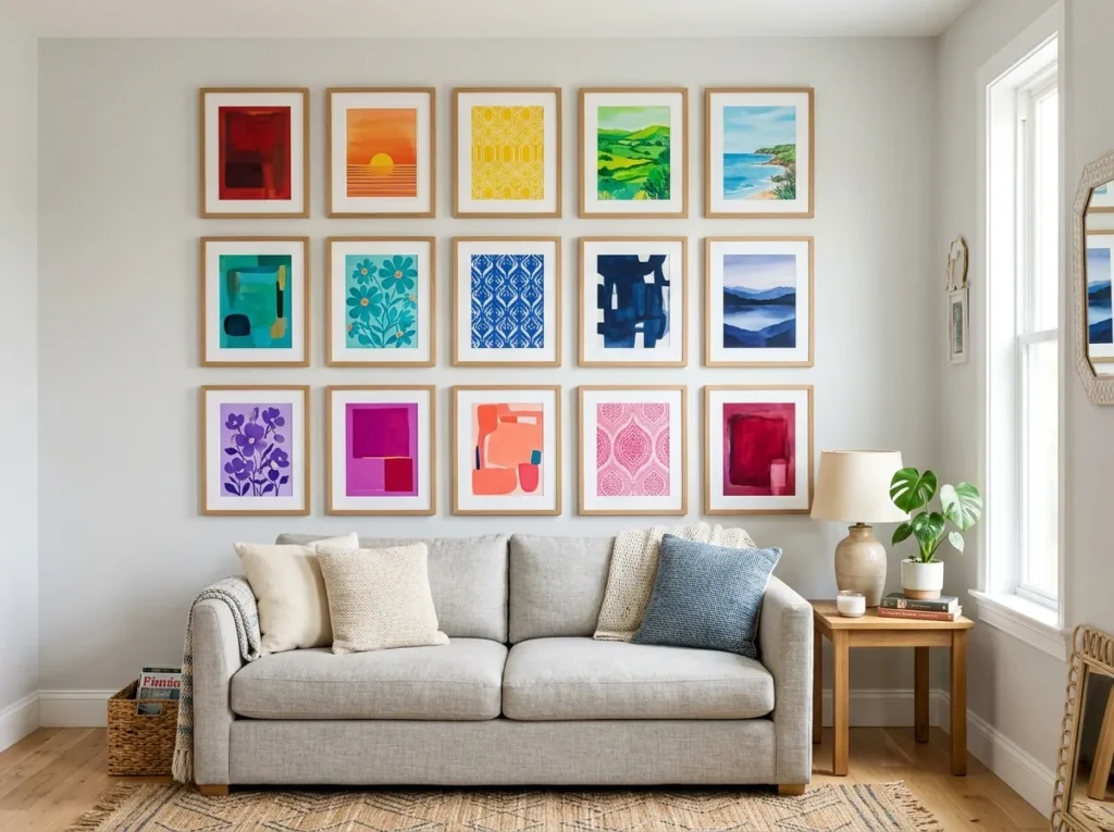 Rainbow gallery wall in a bright colorful living room with framed art display