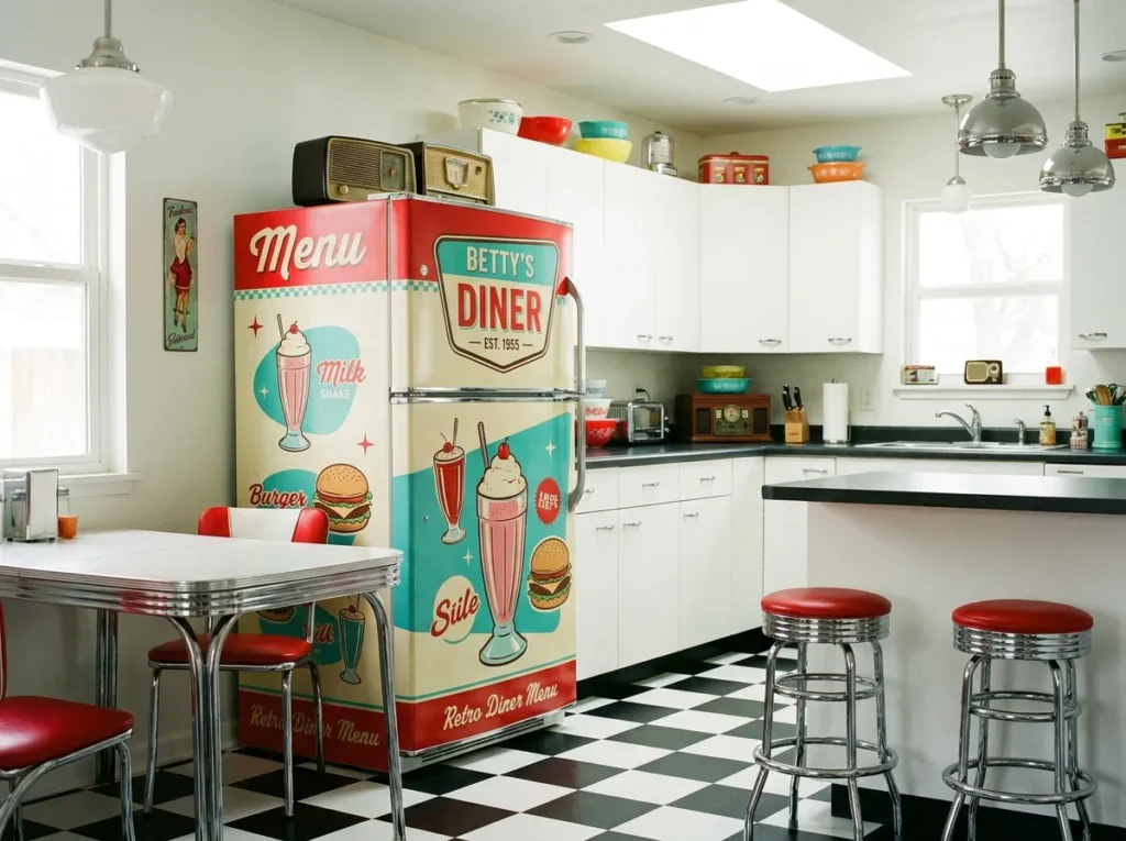 retro diner vibes fridge wallpaper idea vintage kitchen