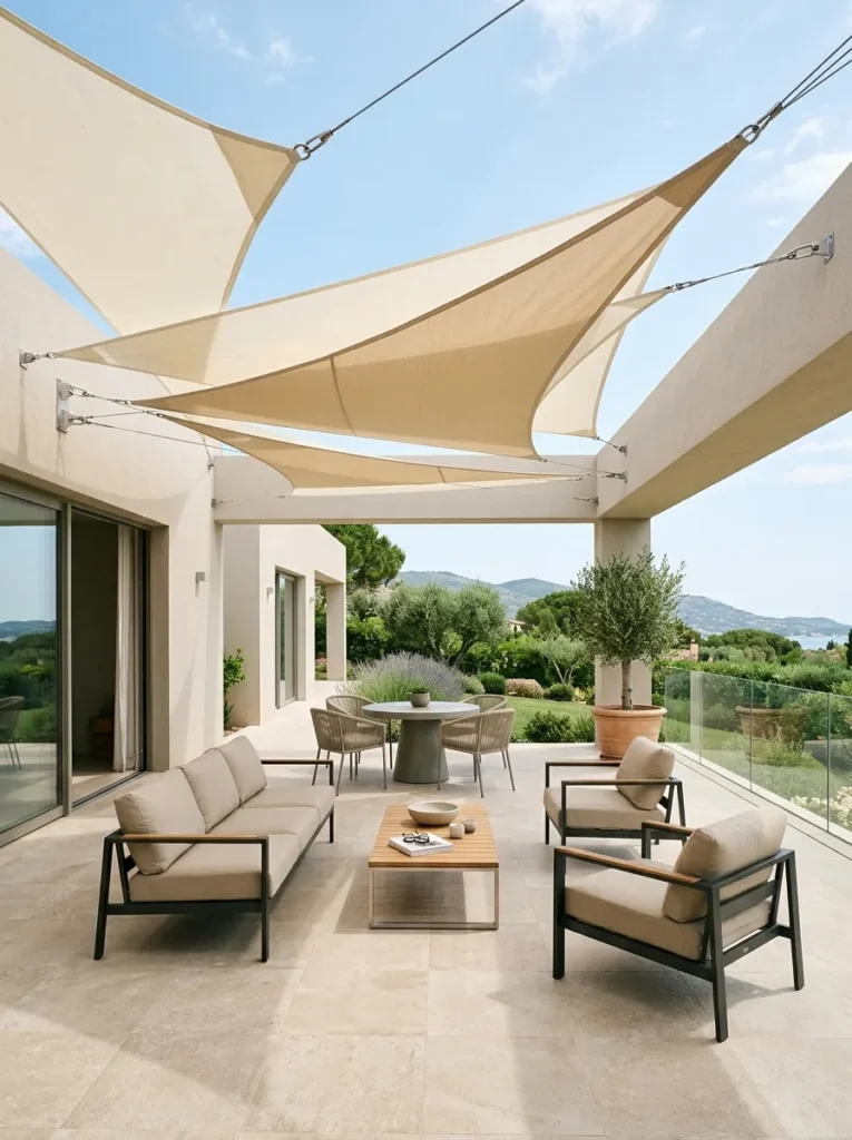 Patio with shade sail overhead providing sun protection and modern outdoor design
